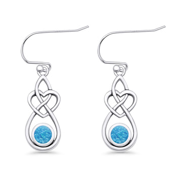 Round Lab Created Blue Opal Celtic Knot Heart Fishhook Earring 925 Sterling Silver